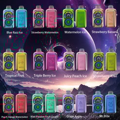 Een verzameling kleurrijke vape-apparaten met smaken als Blue Razz Ice, Strawberry Watermelon en Grape Apple, tentoongesteld tegen een kosmische achtergrond.