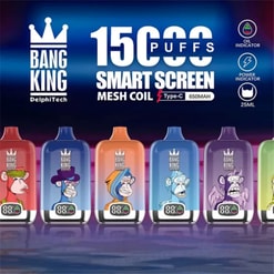 Auswahl an Bang King Smartscreen 15000-Vaping-Geräten mit verschiedenen grafischen Affendarstellungen, 15.000 Zügen, Smart-Screen-Display und Typ-C-Kompatibilität.