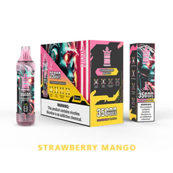 Une affichage d'un produit de vapotage étiqueté «Bang King Strawberry Mango» avec 35 000 bouffées, entourée de son emballage présentant des graphiques vibrants et des avertissements de santé sur le contenu de la nicotine.