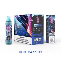 Emballage pour Bang King Brand Blue Razz Ice Vaping Produit avec un design futuriste bleu et rose, étiqueté avec «3500 bouffées» et un avertissement de nicotine.
