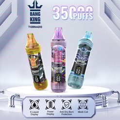 Bang King 35000 Tornado disposable vape models in different colors and flavors—Peach Ice, Love 66, and Blueberry Ice—on a futuristic display platform, with accompanying features such as E-Liquid Display, Power Display, Anti-Dry-Burn Protection, and Mesh Coil indicated below.