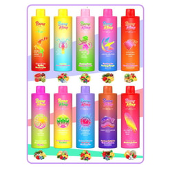 A Colorful Collection Of Bang King's Flavored Beverage Bottles In Three Rows, Each Uniquely Labeled With Various Fruit Designs And Themes, Accompanied By Corresponding Fruit Illustrations.