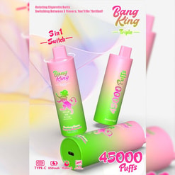 Promotional Image Of A Bang King Triple Device Featuring A Pink And Green Gradient Design, Highlighting Features Like 3-In-1 Flavor Switch, 45000 Puffs Capacity, And Type-C Charging Functionality.