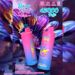 Promotional Image Featuring Two Vibrant Vaping Devices Labeled 'Bang King Triple' Surrounded By Colorful Floral Artwork, Highlighting Specifications Such As 45000 Puffs And A 3-In-1 Flavor Switch.