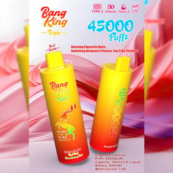 Promotional Image For Bang King Triple Disposable Vaping Devices, Featuring Two Yellow And Orange Cartridges With A Colorful Background, Showcasing Product Specifications Including 45,000 Puffs, 650Mah Battery, And 15Ml E-Liquid Capacity.