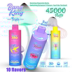 Marketingbild für Bang King TripleBang King Triple 45000 E-Zigaretten mit farbenfrohen zylindrischen Designs und Funktionen wie 45.000 Zügen, rotierenden Zigarettenstummeln für drei Geschmacksrichtungen und einem wiederaufladbaren Akku vom Typ C.