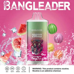 Werbebild mit dem Bangleader-Vape-Gerät mit einer Kapazität von 20.000 Zügen, Wassermelonen-Kaugummi-Geschmack und Spezifikationen wie 28 ml Fassungsvermögen, Typ-C-Ladefunktion und 650-mAh-Akku, umgeben von Wassermelonenscheiben, gestreiften Bonbonbällchen und Eiswürfeln auf einem leuchtend rosa Hintergrund, darunter wird eine Nikotinwarnung angezeigt.