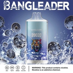 Produktwerbebild mit dem Bangleader Blueberry Ice Vape, das seine Kapazität für 20.000 Züge, Blaubeer-Optik und eine Tigerillustration vor blauem Hintergrund mit Wasserspritzeffekten zeigt.