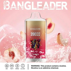 Werbebild des Bangleader Peach Ice Vape-Geräts mit einem Tigerdesign auf rotem Hintergrund, umgeben von Eis- und Pfirsichbildern mit Produktdetails und einer darunter angezeigten Nikotinwarnung.