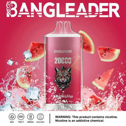 Werbebild für das Bangleader Watermelon Ice Vape-Gerät mit Tiger-Logo, schwimmenden Wassermelonenscheiben, Eiswürfeln und leuchtend rosa Hintergrund, das die Kapazität des Produkts von 20.000 Zügen und die Spezifikationen unten hervorhebt.
