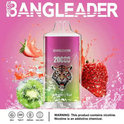 Werbebild des Einweg-Vaping-Geräts von Bangleader mit einem Erdbeer- und Kiwi-Geschmacksdesign, einer Tigergrafik auf der Vorderseite und Spritzern von Früchten und Flüssigkeit im Hintergrund mit Produktspezifikationen und einer Nikotinwarnung unten.