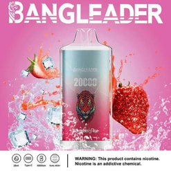 Werbebild eines Bangleader-Vape-Geräts mit Erdbeereisgeschmack, illustriert mit Erdbeeren, Spritzern und Eiswürfeln, mit einem Tiger-Emblem und dem Hinweis auf 20.000 Züge und andere Spezifikationen; enthält unten eine Nikotinwarnung.