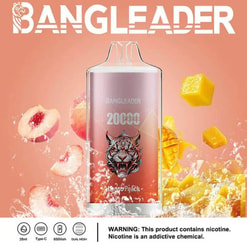 Werbebild des Bangleader-Einweg-Vaporizers mit Tiger-Design, Mango-Pfirsich-Geschmack und Details wie 20.000 Zügen und Typ-C-Aufladung, umgeben von spritzendem Wasser und Fruchtscheiben mit einem Nikotin-Warnhinweis.