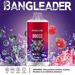 Ein Werbebild des Bangleader-Vaping-Geräts mit Tigerdesign, Blaubeer- und Himbeergeschmack, violettem Hintergrund mit Spritzeffekten sowie Produktspezifikationen und einer Nikotinwarnung unten.