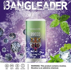 Ein Vape-Produkt von Bangleader mit einer Tigerillustration und dem Geschmacksbranding „Blueberry Mint“, umgeben von Blaubeeren, Minzblättern und eiskalten Wasserspritzern in einem farbenfrohen Werbedisplay mit Produktdetails darunter.