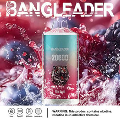 Werbebild eines Vape-Geräts der Marke Bangleader mit 20.000 Zügen, gemischtem Fruchtgeschmack, einem Tigerdesign und einem Hintergrund aus bunten Fruchtelementen.
