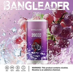 Werbebild für das Bangleader Grape Ice Vaping-Gerät, das das Produkt mit violetten Trauben und Eiswürfeln im Hintergrund zeigt, zusammen mit Spezifikationen und einem Warntext zum Thema Nikotin darunter.