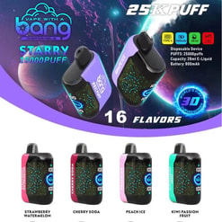 Promotional image for the 'Bang Starry 25000 Disposable Vape' showcasing the device with 25,000 puffs, available in 16 flavors including Strawberry Watermelon, Cherry Soda, Peach Ice, and Kiwi Passion Fruit, with features like a 28ml e-liquid capacity and 800mAh battery.