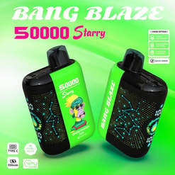 Promotional Image For Bang Blaze 50000 Starry Vape, Featuring A Bright Green Design, A Cartoon Monkey Illustration, And Technical Highlights Like Type-C Charging, Dual Mesh Technology, And Quick Charge Capability.