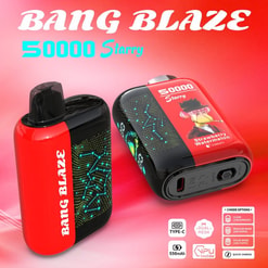 Promotional Image Showcasing Two Bang Blaze 50000 Starry Vaping Devices In Red And Black Design, With Branding And Feature Highlights Such As 550Mah Capacity And Type-C Charging, And Strawberry Watermelon Flavor Mentioned.