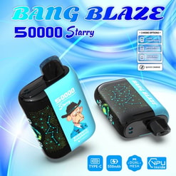Promotional Image For The Bang Blaze 50000 Starry Blueberry Raspberry Vape Featuring Dual-Sided Views Of The Device, Highlighting Technological Features And Three Puff Modes, Alongside Quick Charge Capability And Stylish Branding.