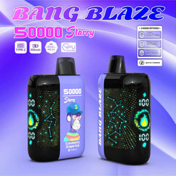 Promotional Image Of The Bang Blaze 50000 Starry Vape Device, Showcasing Its Features Like A Childproof Mode, Quick Charge, And Dual-Mesh Technology, With Branding And A Vibrant Graphic Design In Purple And Black.