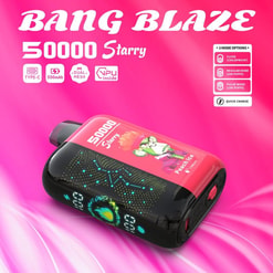 Promotional Image For The Bang Blaze 50000 Starry Device Featuring Its Design, Model Name, Specifications, And Peach Ice Flavor On A Vibrant Pink Background.