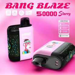 Promotional Image Showcasing Two Pink And Black Vape Devices Named Bang Blaze 50000 Starry, Featuring A Cartoon Monkey Illustration, Embedded Lights, And Specifications Like Child-Proof, Regular, Pulse Mode Options, And Quick Charging Features.