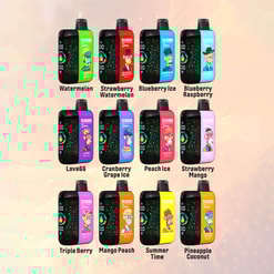 Ett sortiment av 12 färgglada e-vätskeflaskor märkta med olika smaker, inklusive vattenmelon, jordgubbsvattenmelon, blåbärsis och ananas-kokosnöt; bakgrunden har en mjuk tonad design.