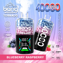 Promotional Image For Bang Tornado Disposable Vape Featuring Blueberry Raspberry Flavor, Showing Technical Specifications Including 40Ml Volume, 850Mah Battery, And Type-C Charging, With The Design Showcasing Digital Controls And Vibrant Colors.