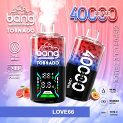 Promotional Image Featuring The Bang Tornado Disposable Vape Device, Showcasing Its Features Including 40,000 Puffs, Led Screen, Adjustable Power, Three Mesh Design, 850Mah Battery, And Type-C Charging, With A Fruit Flavor Theme.