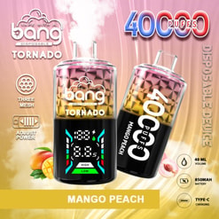 Advertisment For Bang Tornado 40,000-Puff Disposable Vape Devices In Mango Peach Flavor, Featuring A Digital Display, Adjustable Power, And Type-C Charging.