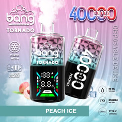 Promotional Graphic Of Bang Disposable Vape Devices In The Tornado Peach Ice Flavor, Featuring 40,000 Puffs Capacity, A Digital Control Panel, And Specifications Like 40Ml Volume, 850Mah Battery, And Type-C Charging.