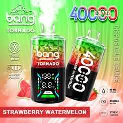Promotional Image For Bang Tornado Strawberry Watermelon Disposable Vaping Device Featuring 40,000 Puffs, 850Mah Battery, Adjustable Power, And Type-C Charging, With Fruit Illustrations And A Stylized Display.