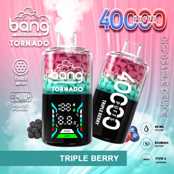 Promotional Graphic Of The Bang Disposable Tornado Vaping Device Displaying Its Features Such As 40,000 Puffs, Triple Berry Flavor, Adjustable Power, And A Digital Screen With High And Low Settings.