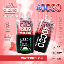 Promotional Image For The Bang Tornado Disposable Vape Device Featuring Watermelon Flavor, 40,000 Puffs, 40Ml E-Liquid Capacity, 850Mah Battery, And Adjustable Power Features, With A Vibrant Red And Black Design.