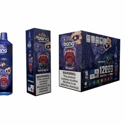 A Product Display For Bang Disposable Vapes In The Black Dragon Ice Flavor, Showcasing The Vape Device, Individual Packaging, And A Box Of Ten Units, With Notable Artwork Of A Snarling Dragon And Health Warnings About Nicotine.