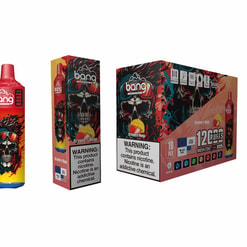 Packaging Design For A Flavored Vape Device Labeled 'Bang', Featuring Colorful Skull Artwork And Warnings About Nicotine Addiction.