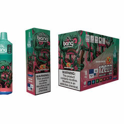 Packaging Design For Bang Vape Products Featuring A Vibrant Illustration Of A Green Zombie Character, Branding Elements, And Visible Warning Labels About Nicotine Addiction.