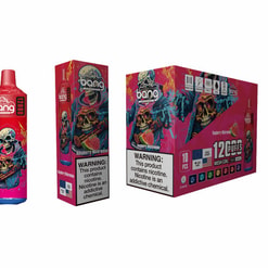 Display Image Showing A Bang Brand Disposable Vape In Raspberry Watermelon Flavor, A Colorful Package Featuring A Vibrant Skeleton Design, And A Box Containing Multiple Units With A 'Warning: Nicotine Is Addictive' Label Clearly Visible.
