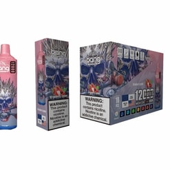 Packaging And Individual Unit Of A Vaping Product Called Bang Xxl, Featuring A 12000-Puff Capacity, Strawberry Lychee Flavor, And Warning Labels About Nicotine Addiction.
