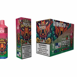 A Set Of Products Including A Colorful E-Cigarette Device, Its Packaging Box With A Bull Motif, And A Larger Pack Labeled 'Watermelon Ice' Flavor And 12,000 Puffs, Displaying A Nicotine Warning.