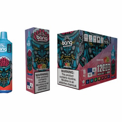 Packaging Of The Bang Disposable Vape In Strawberry Kiwi Flavor, Showcasing A Vibrant, Stylized Robot Design And A Nicotine Warning Label, With Accompanying Box For Bulk Purchase Featuring Product Details.