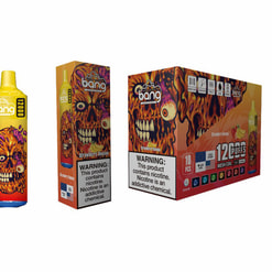 Packaging For Bang Strawberry Banana Vape Product Featuring Vibrant, Fiery Graphics Of A Skeletal Face, Labeled For 12,000 Puffs With Nicotine Warnings Displayed.