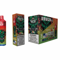 Packaging And Products Of Bang Disposable Vape In Sour Apple Raspberry Flavor, Featuring Vibrant Artwork Of A Green Stylized Face And Bold Text, Also Displaying A Nicotine Warning.
