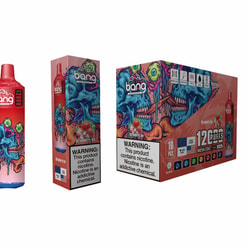 Packaging Image Of A Bang Disposable Vape With Strawberry Ice Flavor, Featuring Vibrant Artwork And A Nicotine Warning Label.