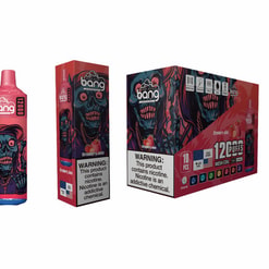 Bang Disposable Vape Packaging Featuring A Cartoon Skull Design, Labeled '12000 Puffs,' Strawberry Juice Flavor, And Adorned With A Nicotine Warning.