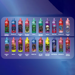 Display of various flavored vape products, each with distinct colorful packaging showcasing graphical designs and flavor names such as Strawberry Watermelon and Blue Razz Ice, arranged on a gradient blue background.