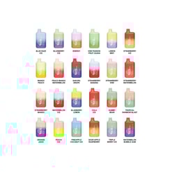 「ブルー ラズ アイス」、「マンゴー ピーチ」、「トロピカル レインボー ブラスト」など、それぞれのフレーバーのラベルが付いたカラフルな使い捨てベイプ デバイスのコレクションを表示する画像。