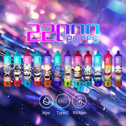 Bang Beach 22000 Een kleurrijke display van wegwerp-vape-pennen in diverse ontwerpen en smaken, op een rij gerangschikt met de vetgedrukte tekst '2200 Puffs' erboven en gedetailleerde specificaties onderaan, tegen een levendige, abstracte achtergrond.